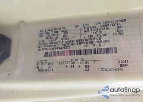 2004 Ford E-250 Commercial/Recreational из США, поврежденный, VIN 1FTNE24LX4HA25275